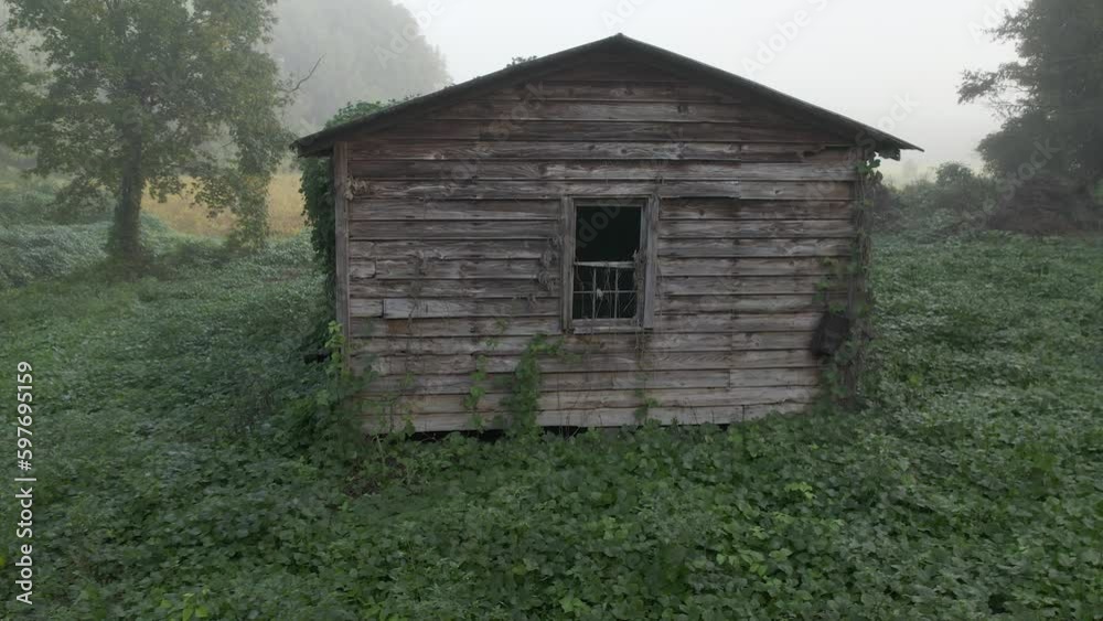 An old abandoned historic home lies in a dense green field in the morning fog. An old abandoned historic home lies in a dense green field in the morning fog.