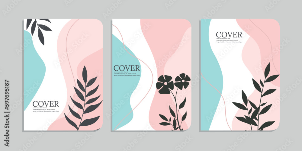 set of book cover template with hand drawn foliage decorations. abstract retro floral background. size A4 For notebooks, diary, planners, brochures, books, catalogs