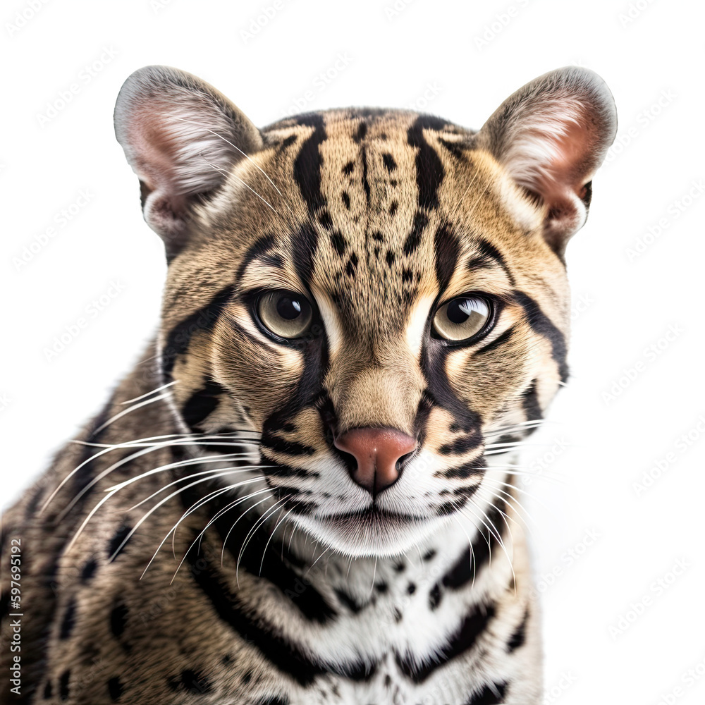 Ocelot Portrait on White Background - Made with Generative AI