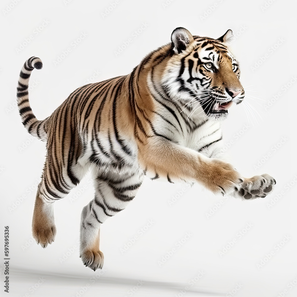 Bengal Tiger Action Shot on White Background - Made with Generative AI