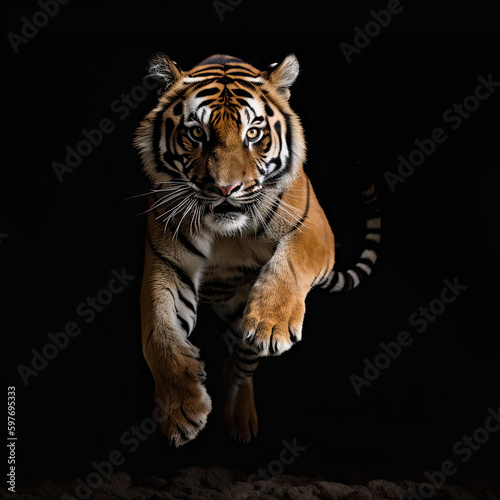 Bengal Tiger Action Shot on Black Background - Made with Generative AI