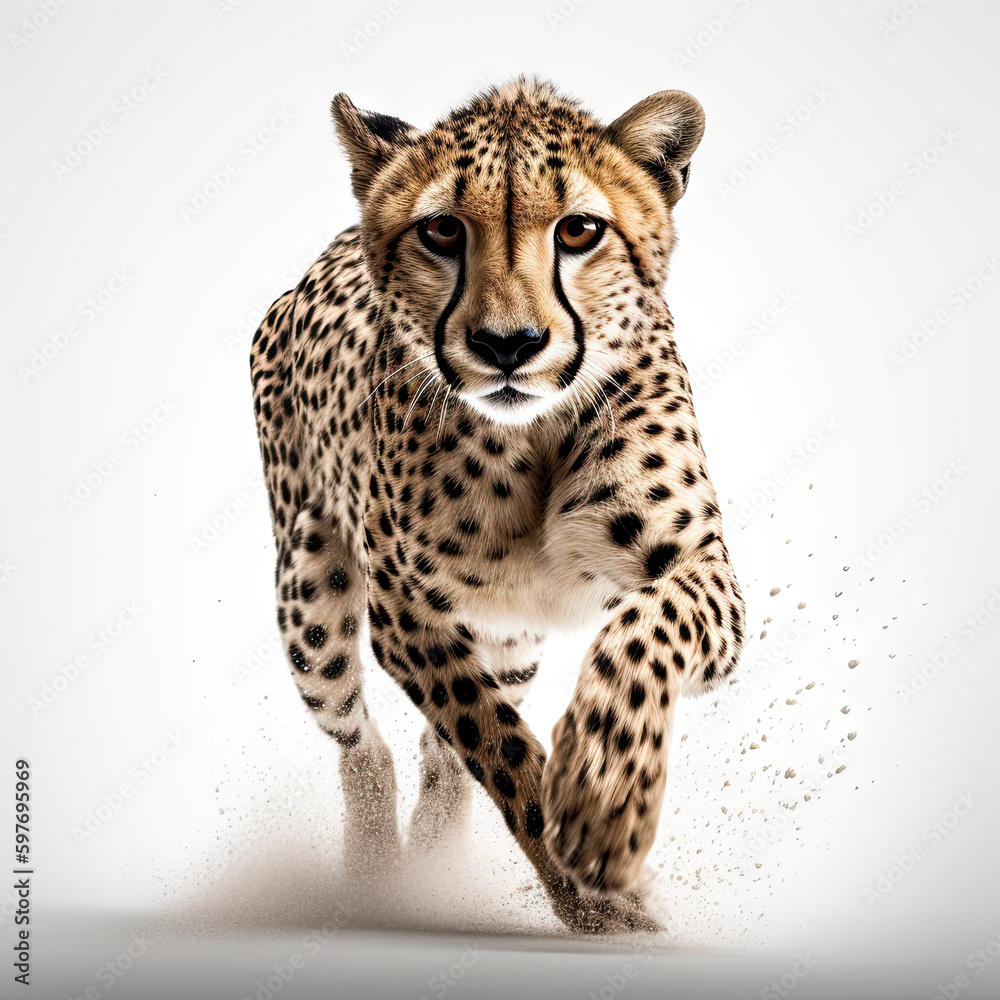 Cheetah Action Shot on White Background - Made with Generative AI Cheetah Action Shot on White Background - Made with Generative AI