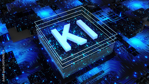 Artificial Intelligence (in german Kuenstliche Intelligenz), KI - abstract processor on printed circuit board, computer digital chip, technology conzept - 3D Illustration photo