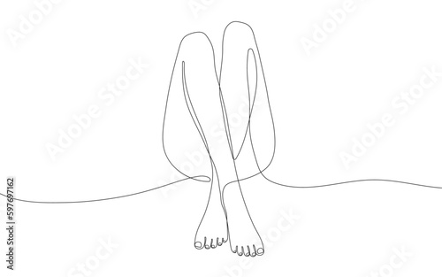 Female legs. Continuous line drawing of naked women legs. Minimalist black linear sketch isolated on white background.