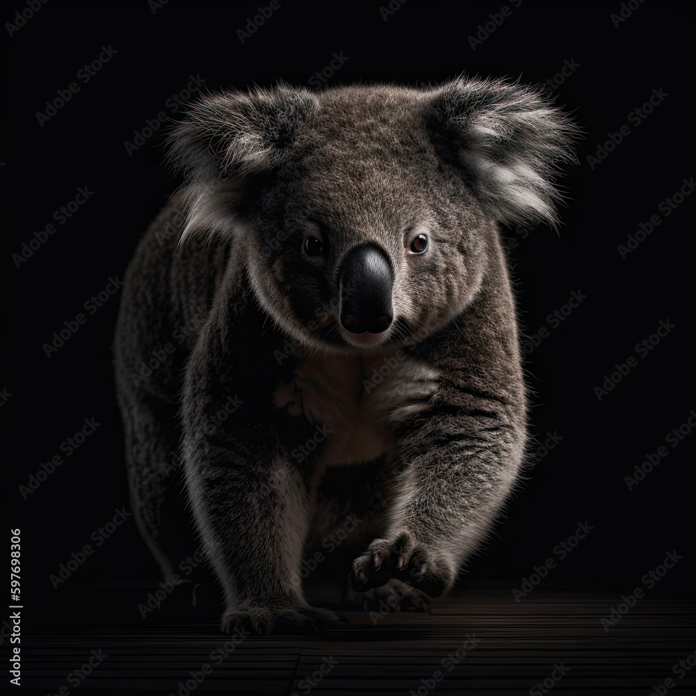 Koala Action Shot on Black Background - Made with Generative AI Koala Action Shot on Black Background - Made with Generative AI