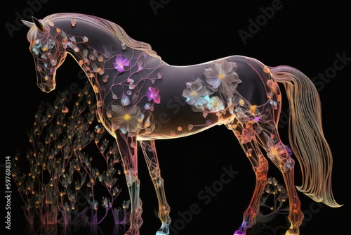 Generative AI of a beautiful horse with flowers isolated on black background photo