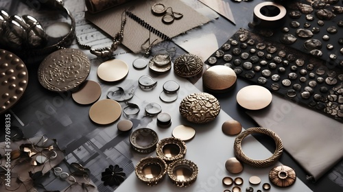 stylish mood board, metal, accessories, eyelets, rivets, buttons, chain, black, blister, technology, equipment, panel, silver, button, accessory for clothes