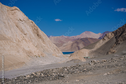mountains and blue sky, beautiful scenery on the way to Pangong lake, Ladakh, India
