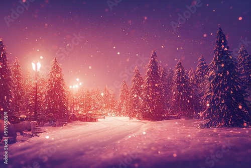 Frozen winter forest with snow covered trees. Christmas holiday background. Generative AI © LAYHONG