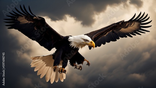 A majestic bald eagle soaring through the sky with its wings spread wide