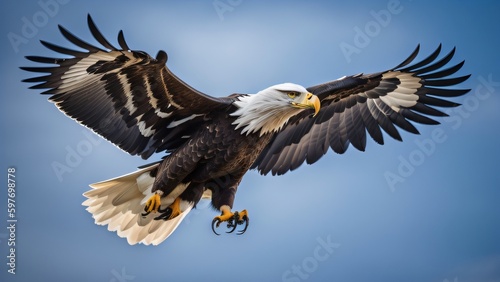 A majestic bald eagle soaring through the sky with its wings spread wide