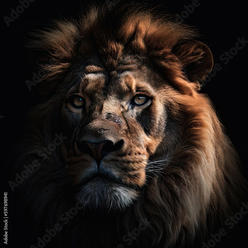 Lion Portrait on Black Background - Made with Generative AI