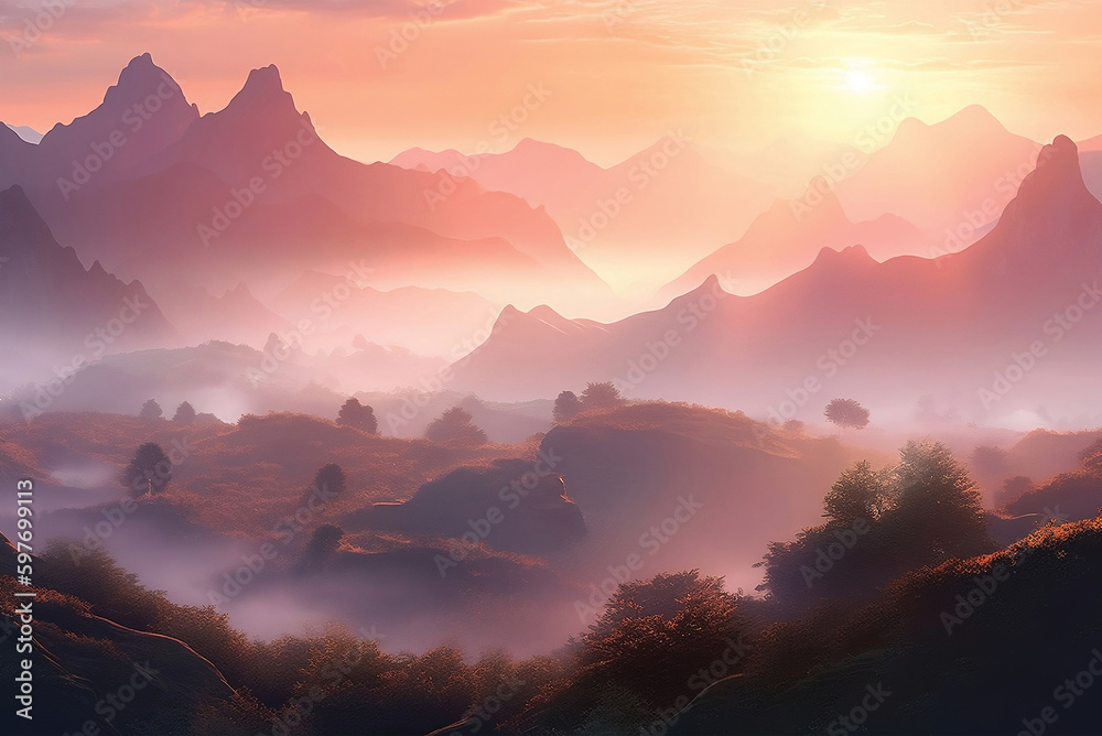 Beautiful Mountain with mist and sunrise layer of mountain for nature background design