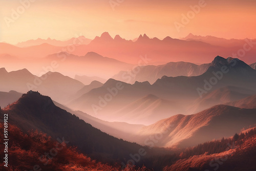 Beautiful Mountain with mist and sunrise layer of mountain for nature background design © ProDesigner