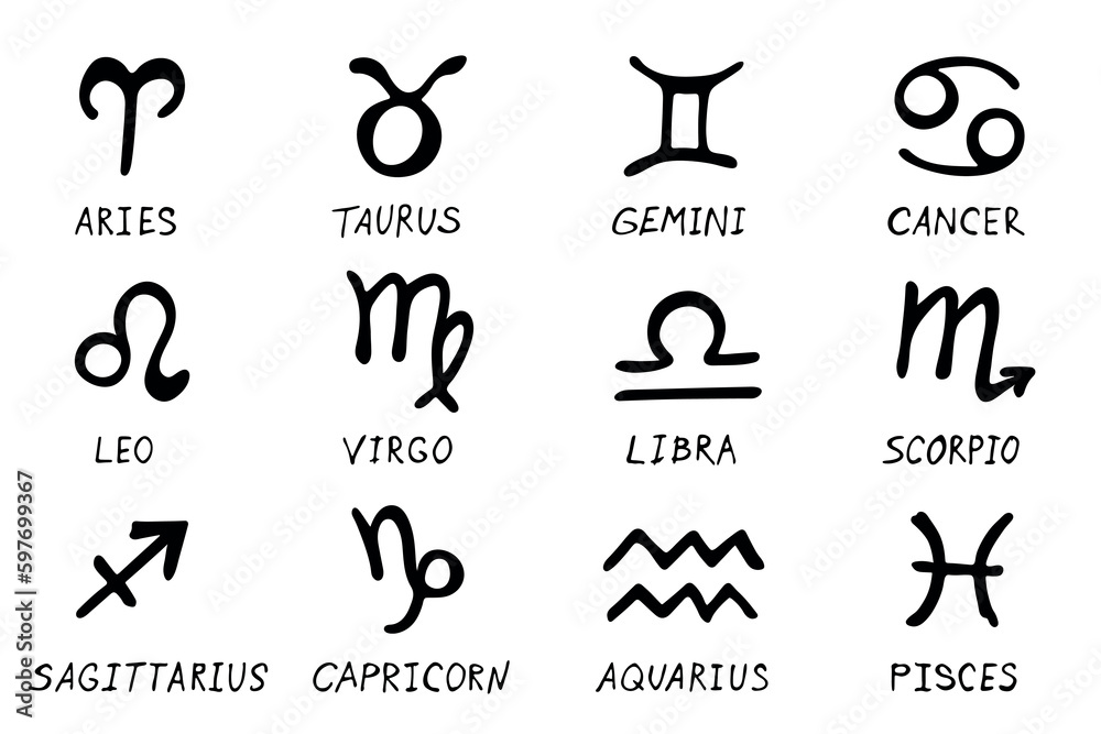 Hand drawn zodiac signs Esoteric symbol doodle set Astrology clipart Elements for design - obrazy, fototapety, plakaty 
