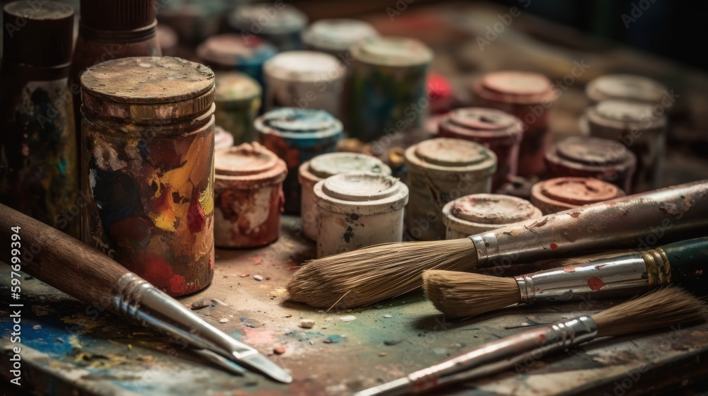 Art supplies, including paint and brushes. AI generated Art supplies, including paint and brushes. AI generated