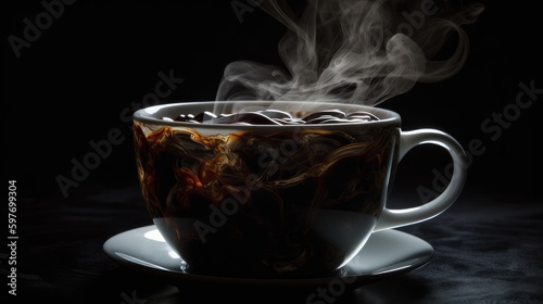 Aromatic dark roast swirling in a mug. AI generated