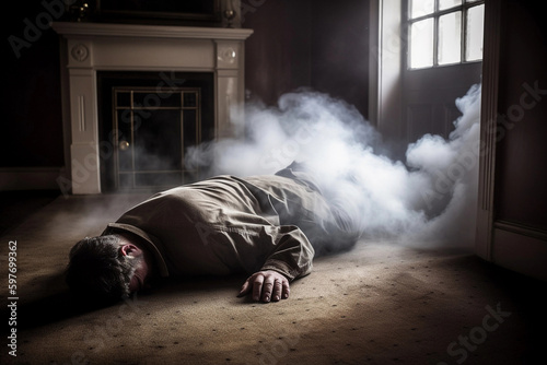 Carbon monoxide and a man lying on the floor of a house. AI Generated
