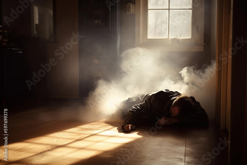 Carbon monoxide and a man lying on the floor of a house. AI Generated