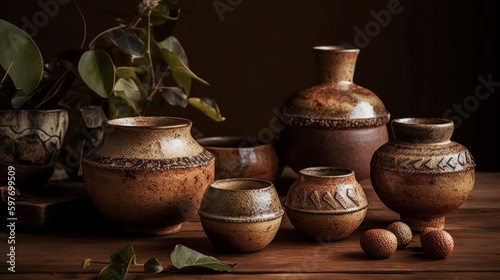 Artistic pottery pieces in earthy tones. AI generated