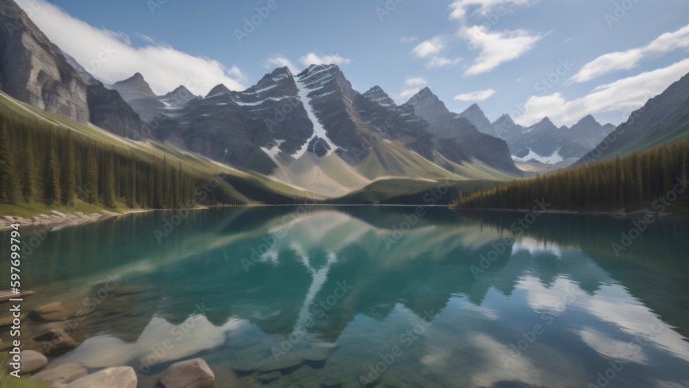 A serene lake reflecting the towering mountains and clear blue sky above.