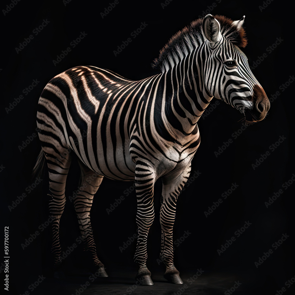 Fototapeta premium Zebra Full Body on Black Background - Made with Generative AI