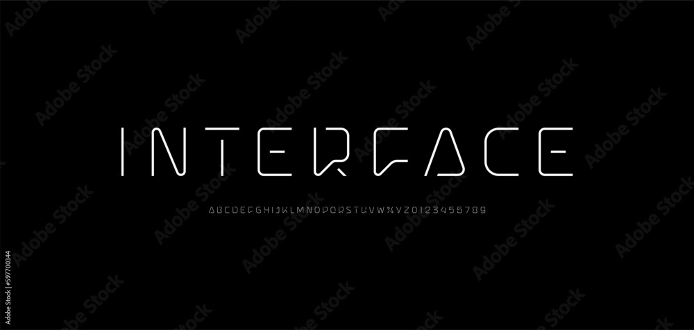 Technical thin font, digital alphabet, trendy uppercase Latin letters from A to Z and Arab numbers from 0 to 9 for you interface design, vector illustration 10EPS - obrazy, fototapety, plakaty 
