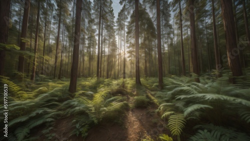 A dense forest with sun rays filtering through the trees