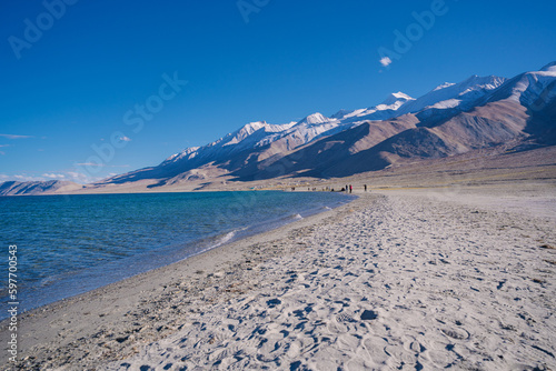 Pangong lake in autumn, and mountain and blue sky at Leh Ladakh