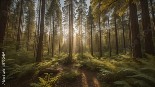 A dense forest with sun rays filtering through the trees