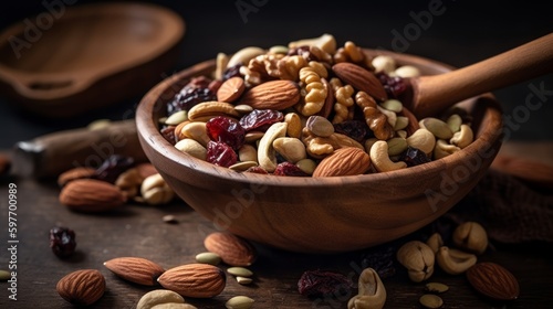 Bowl of mixed nuts and seeds with a wooden spoon. AI generated