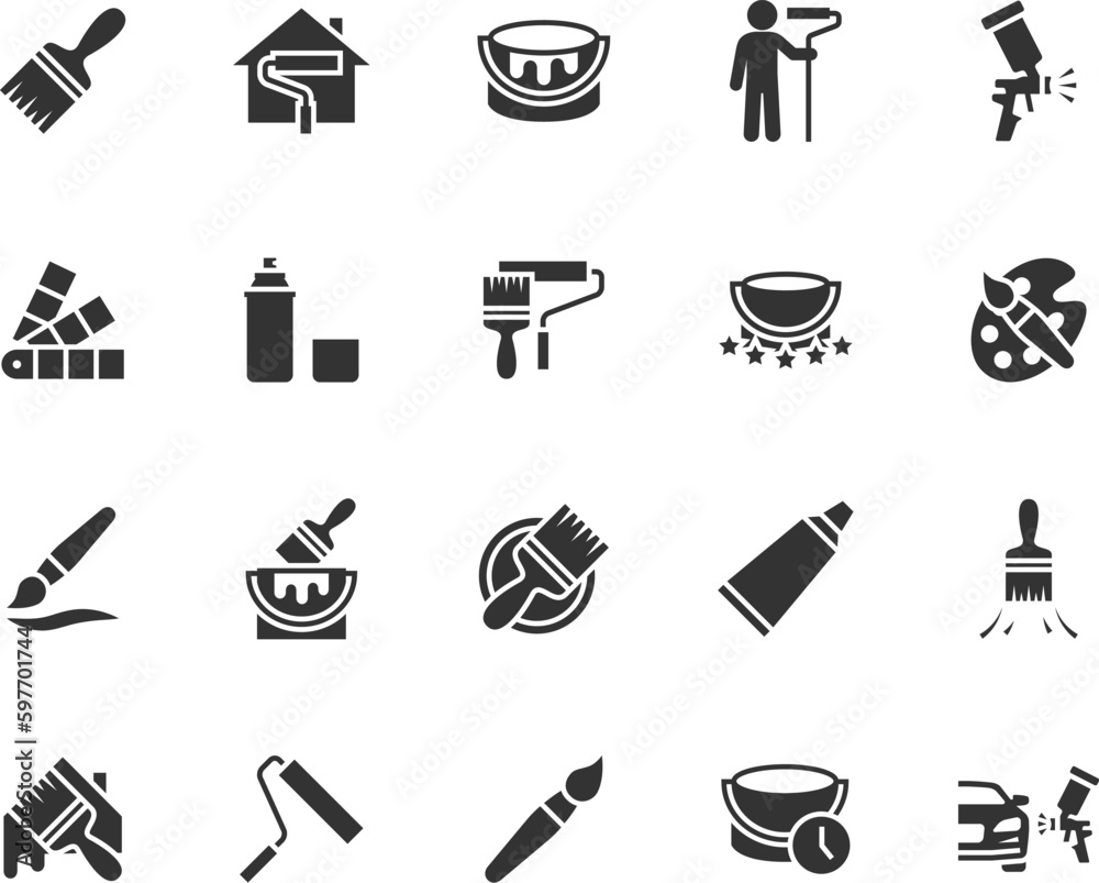 Vector set of paint flat icons. Contains icons paint brush, painter, house painting, spray can, paint can, color palette, paint roller and more. Pixel perfect. Vector set of paint flat icons. Contains icons paint brush, painter, house painting, spray can, paint can, color palette, paint roller and more. Pixel perfect.