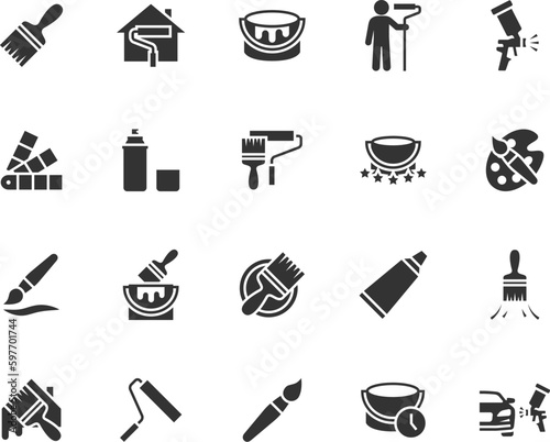 Vector set of paint flat icons. Contains icons paint brush, painter, house painting, spray can, paint can, color palette, paint roller and more. Pixel perfect.