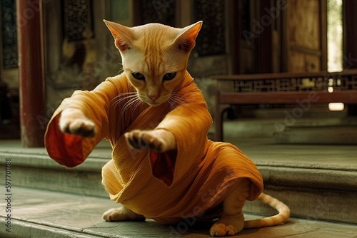 cat shaolin monk illustration generative ai photo