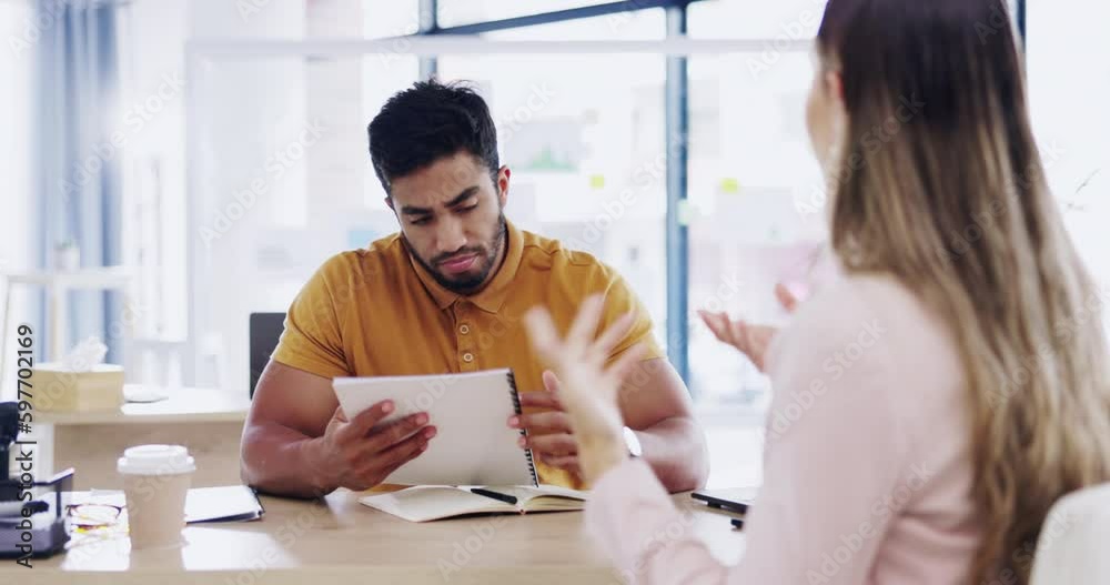 Business people, interview and hiring paperwork with online management team talking about job. Contract document and business man with communication on job commitment and schedule of manager work