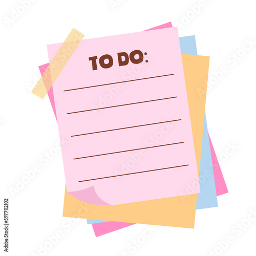 To do list paper sheets with sticky tape. Template for planners, agenda, schedule, checklists, notebooks, cards and other stationery. Planning, office, business, organization of work concept.