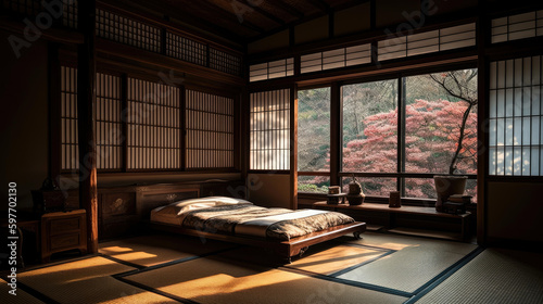 Modern bedroom interior in traditional Japanese style. Generative AI