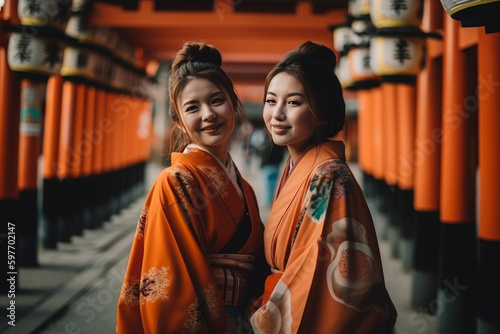 Pretty girls tourist smiling happily and walk in the most famous Japanese landmarks