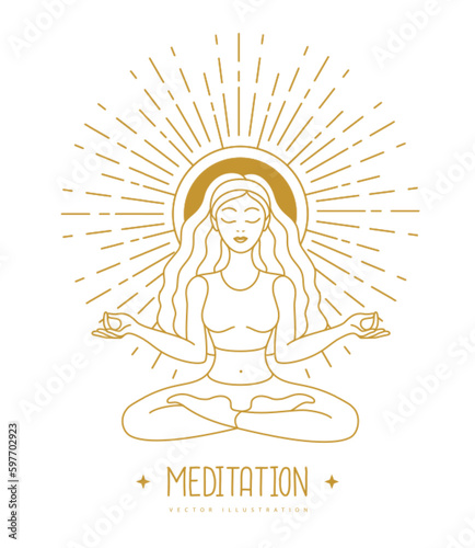 Young Woman meditation in lotus position at the sun dawn. Sun astrology sign. Vector illustration