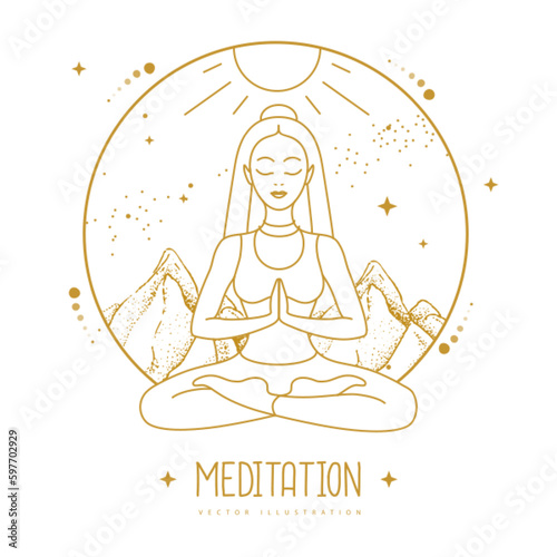 Young Woman meditation in lotus position in the mountains with starry sky. Vector illustration