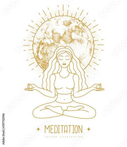 Young Woman meditation in lotus position with full moon. Moon astrology sign. Vector illustration