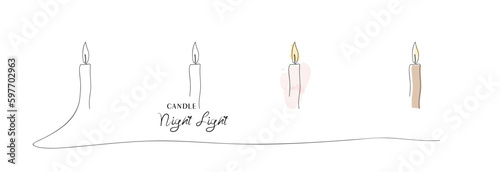 Wax burning candles in different variations. One continuous line drawing of candle lit.