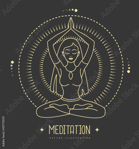 Young Woman meditation in lotus position in the rays of the rising sun. Sun astrology sign. Vector illustration