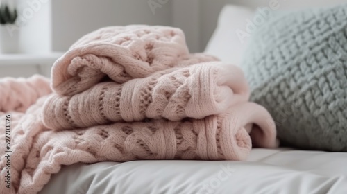 Soft blankets and pillows in light pastel colors. AI generated © ArtStage