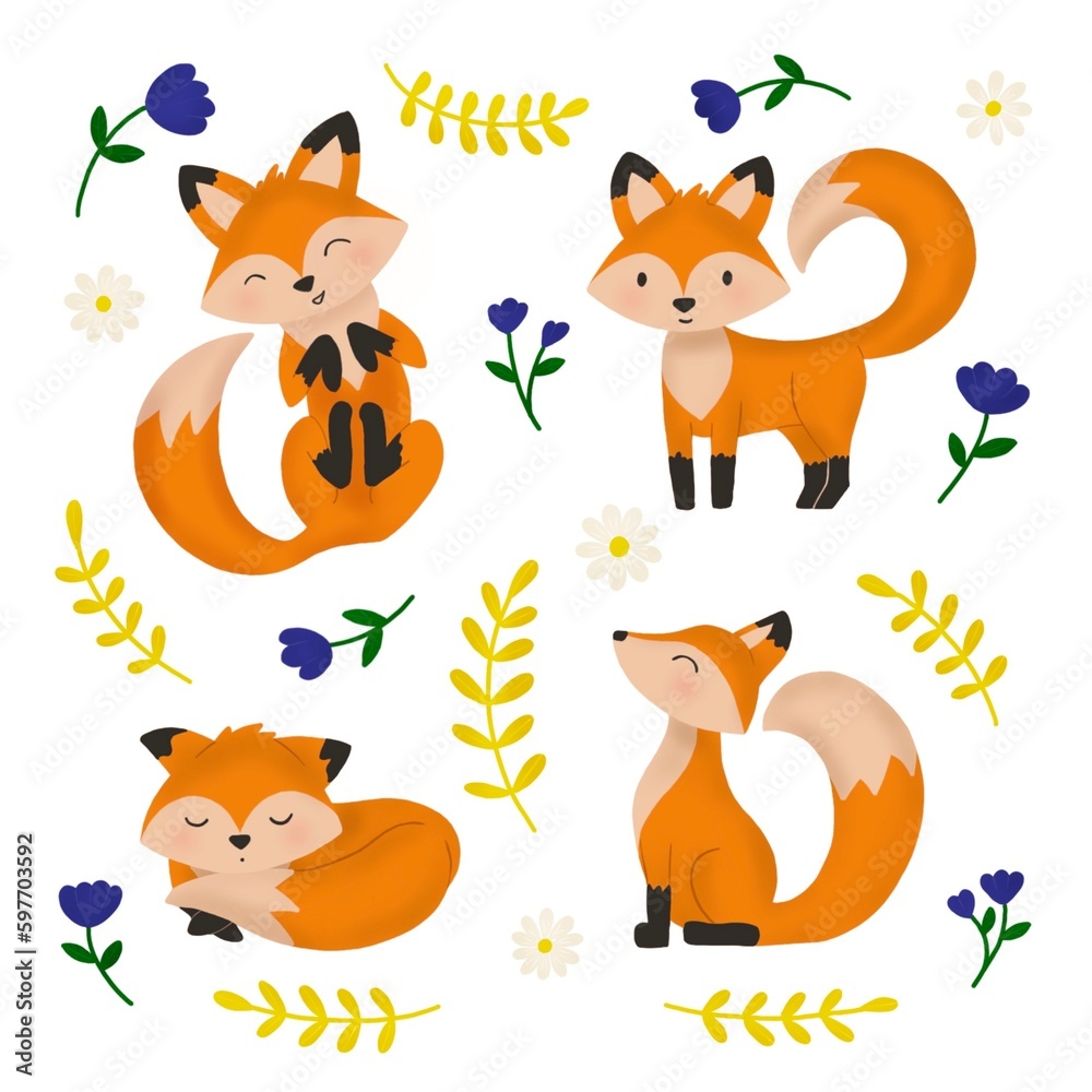 Naklejka premium Set of cute foxes with flowers. Illustration of forest animals