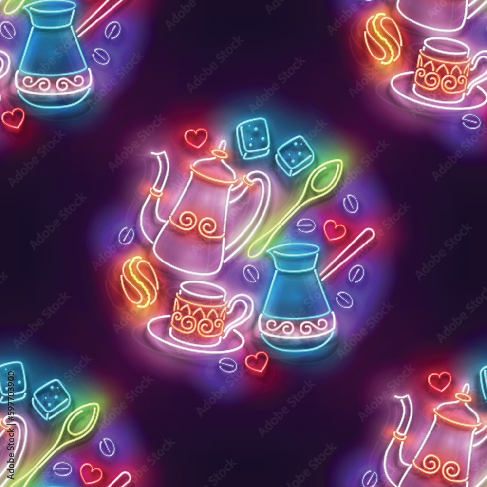 Seamless pattern with glow Different Types of Coffee. Cafe Label. Cappuccino, Espresso, Americano, Turkish. Neon Light Texture, Signboard. Glossy Background. Vector 3d Illustration 