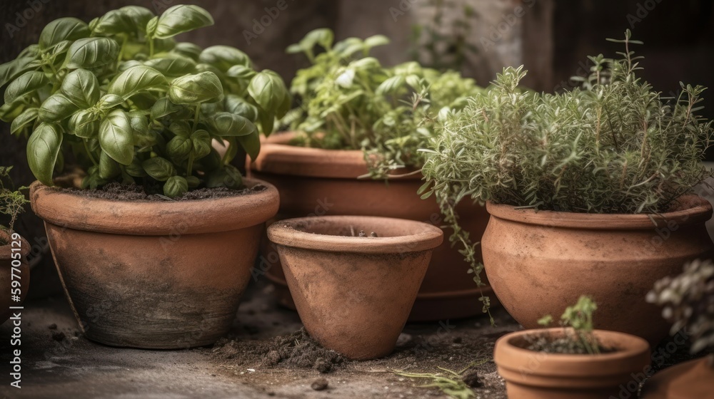 Variety of herbs in clay pots. AI generated