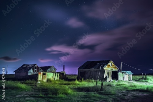 Deserted farm at night with dilapidated barns and abandoned crops, in neon colors