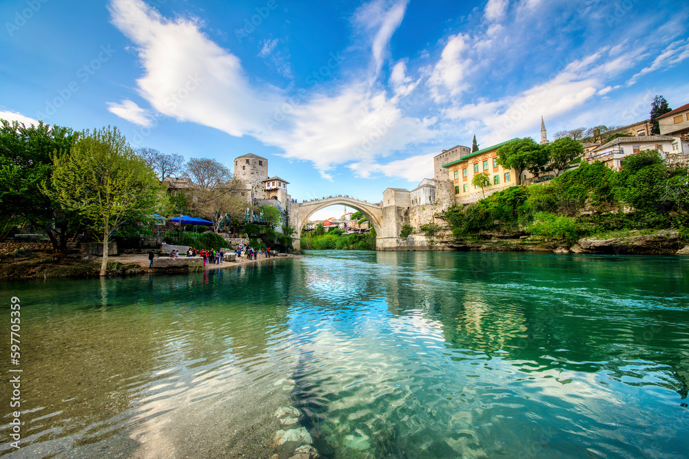 The Famous Old Bridge (Stari Most) Crossing the River Neretva in Mostar, Bosnia and Herzegovina