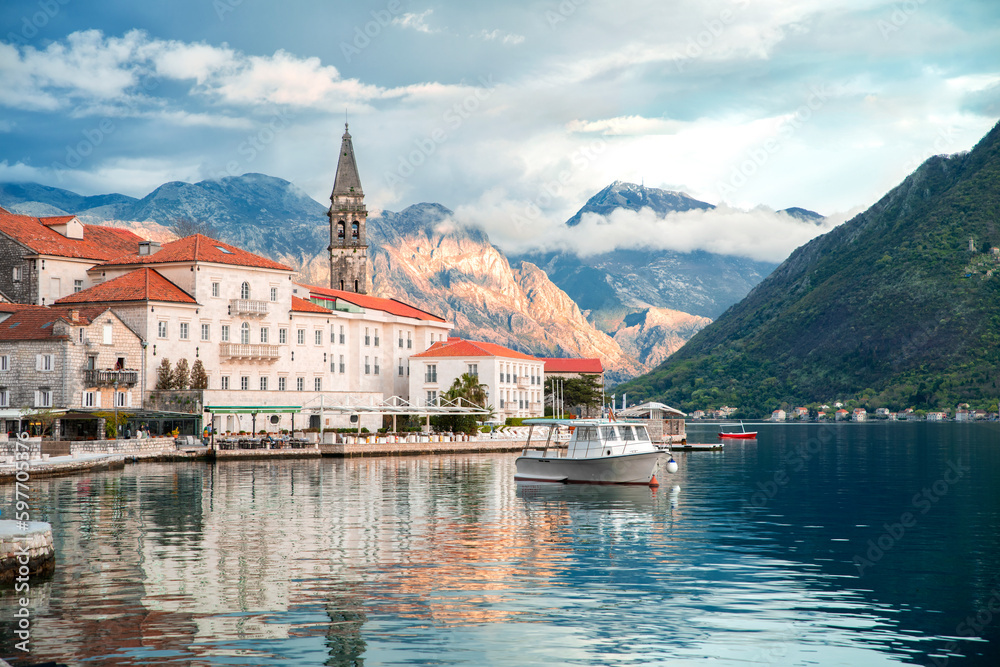 View of the historical city of Perast on the tower, Bay of Kotor and mountains